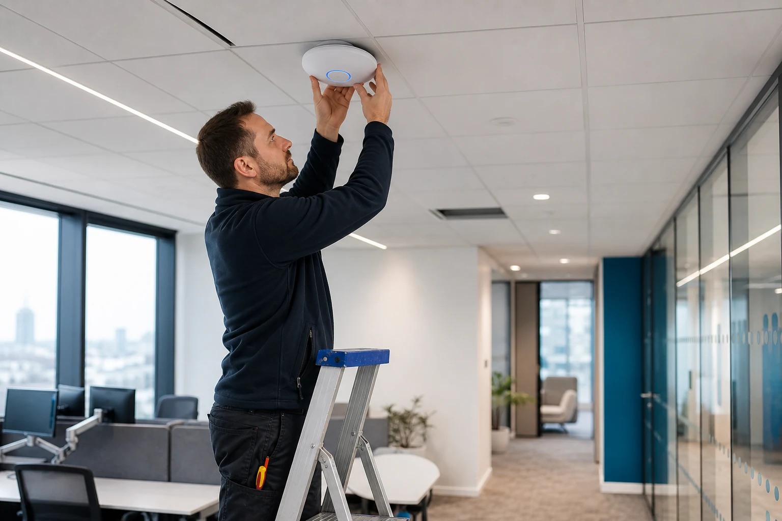 Network engineer installing a UniFi wireless access point in a modern office