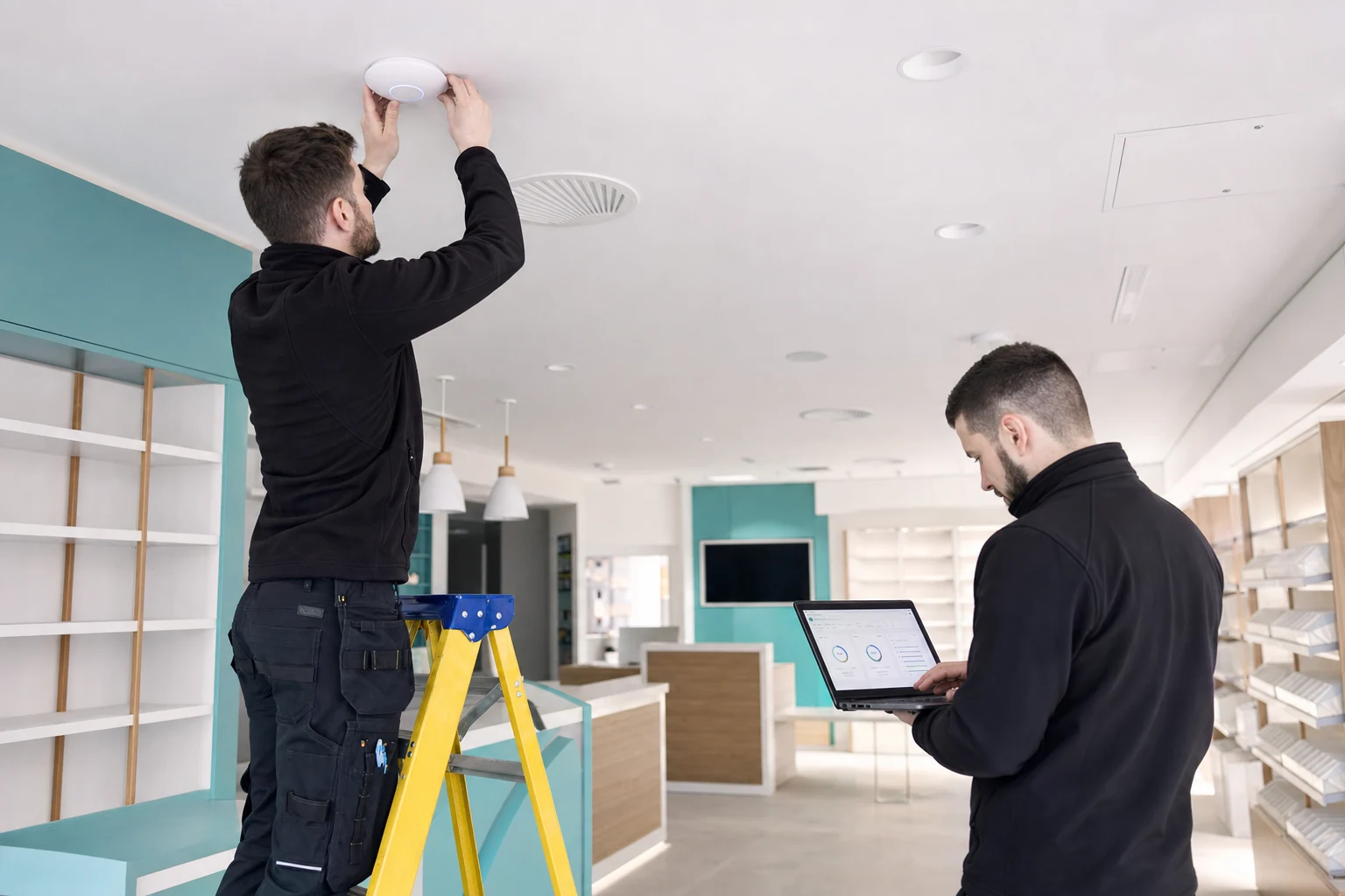 Network engineers installing and commissioning UniFi Wi-Fi in a retail property